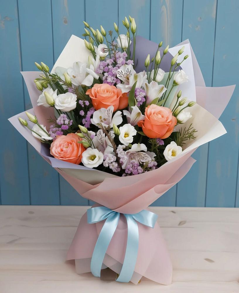 Букет цветов из: Лизиантусы, Розы, Альстромерии и Гипсофила в Иволгинске